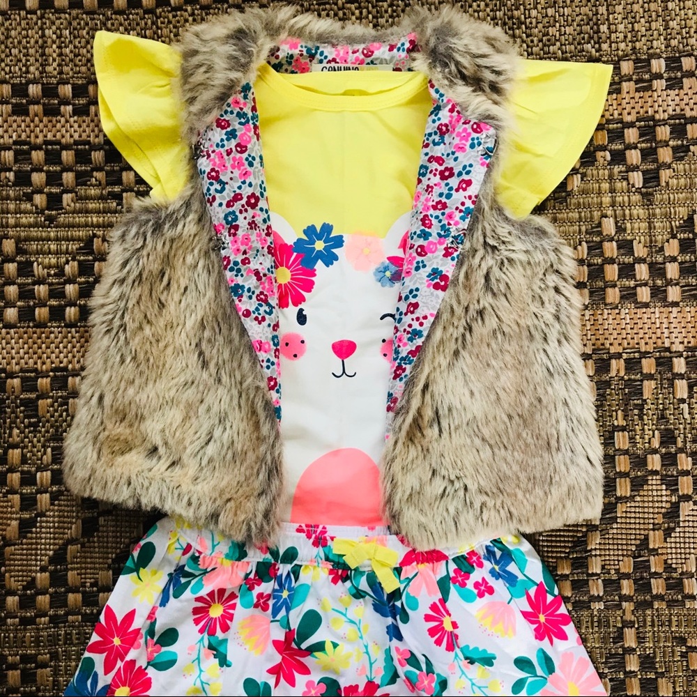(3) NWT Carter’s Set Floral Skirt Cat Top Fur Vest